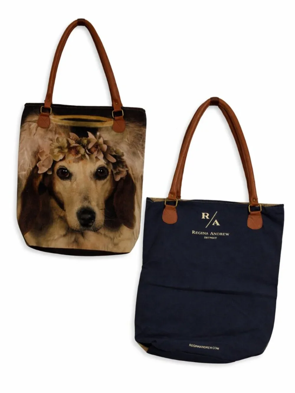 Regina Andrew Detroit Canvas Large Tote Bag Dog Angel Graphic Brown Straps - Picture 1 of 8